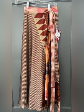 Authentic Silk Sari up cycled Printed Wrap Skirt in Rust & Tan-reversible